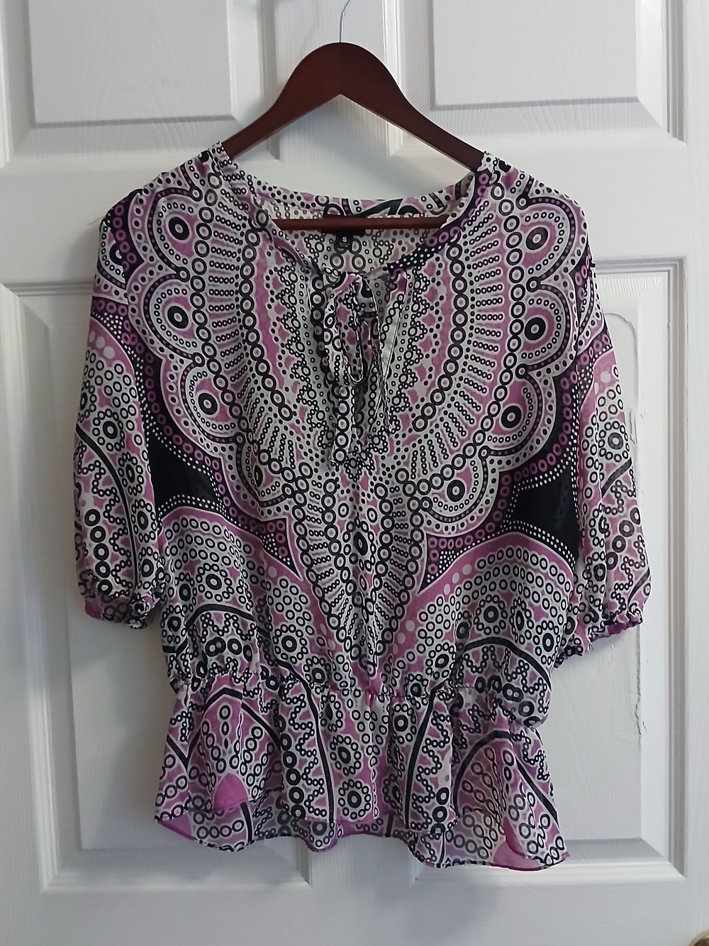 Tie-Neck Peasant Blouse in Pink and Black - Women's Top